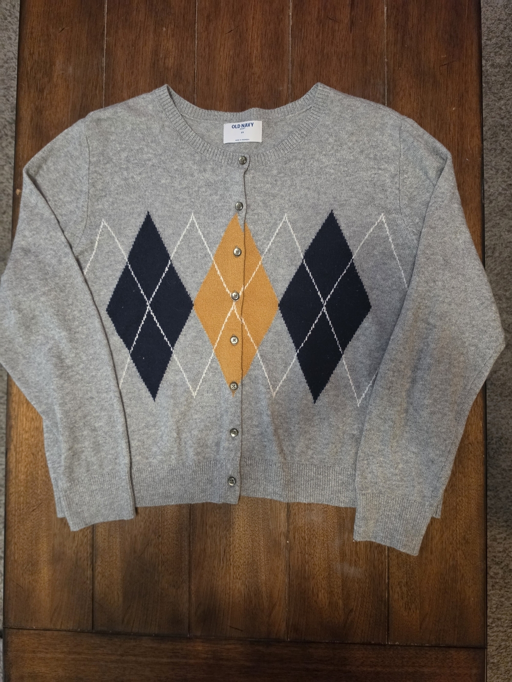 Old Navy Gray Argyle Cardigan with Navy & Mustard Diamonds